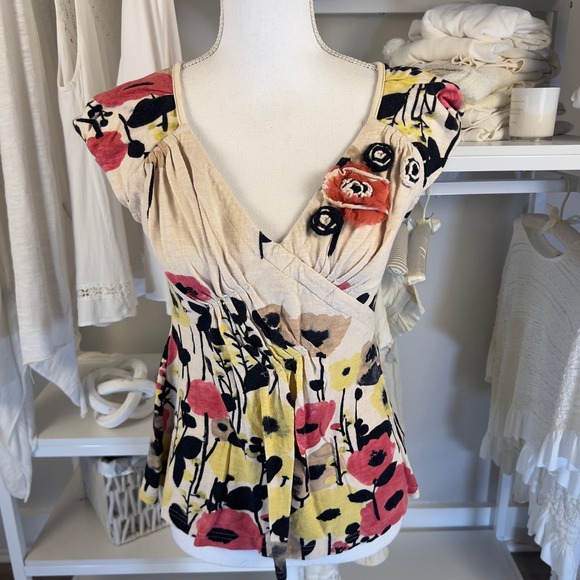 Baraschi women's sz. small fitted knit floral tan top soft girl, botanical #2258 - Picture 1 of 8